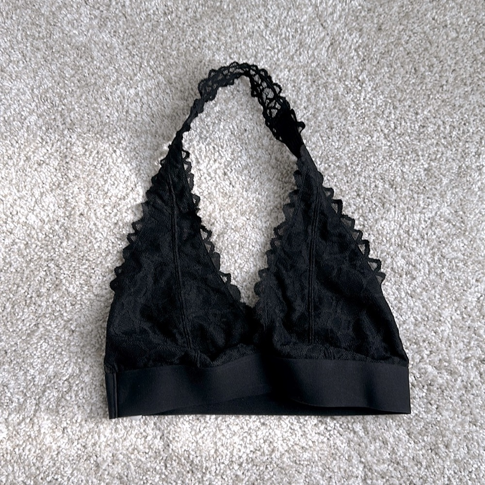 Pink Victoria's Secret black lace halter bralette